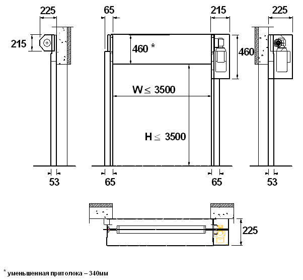 Промышленные рулонные скоростные ворота Dynaco серии D-311-LF установочные размеры