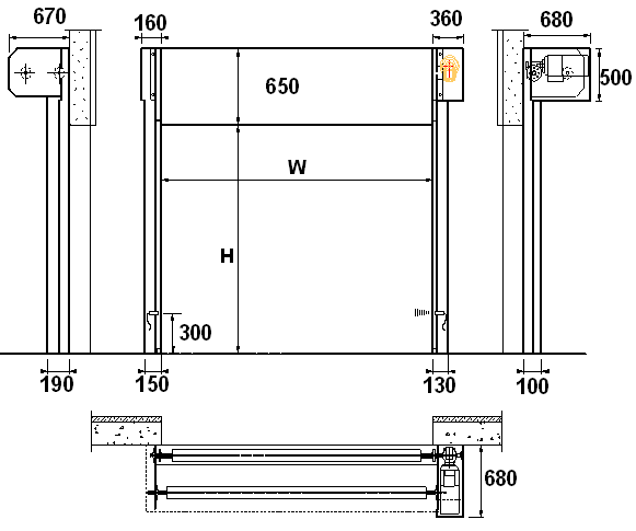 Промышленные рулонные скоростные ворота Dynaco серии M3 Compact установочные размеры