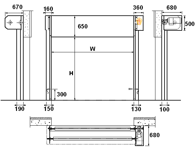 Промышленные рулонные скоростные ворота Dynaco серии M3 Power установочные размеры